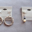 2 Pair Silver Hoop Pierced Earrings & White Agate Beads Vintage Jewelry 1970s