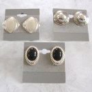 3 Pair Silver & Black Cabochon Clip On Earrings Vintage 1970s Jewelry