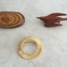 3 Pins Brooches Wooden Carved Bird Gold Circle Brooch Handcrafted Vintage Jewelry 1970s