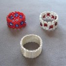 3 Rings Silver Red Blue & White Bands Handcrafted Beaded Sizes 6-9 Vintage Jewelry 1970s 3 Rings Silver Red Blue & White Bands Handcrafted Beaded Sizes 6-9 Vintage Jewelry 1970s