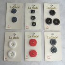 6 Pkg Red Grey Black Navy Blue Brown White Various Buttons By La Mode Vintage 1960s Sewing Supplies