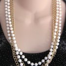 53_ Long White Bead & Gold Chain Link Necklace Double Strand Hong Kong 1950s Vintage Jewelry