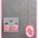 Double Pink Rose Lucite Pendant Necklace & Earrings Sterling Chain Retro 1950's Vintage Jewelry Set