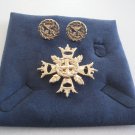 Gold Ornate Demi Parure Brooch Pin with Matching Earrings Jewelry Set Vintage 1950s