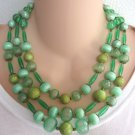 Green Beaded Necklace Triple Strand Unique Vintage Jewelry 1950s