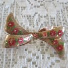 Hand Painted Pink Enamel Flower Gold Bow Brooch Pin Vintage Jewelry 1950s