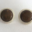 Large Button Style Brown Cabochon Pierced Earrings Vintage Jewelry 1960s