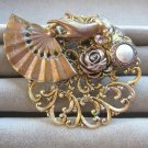 Large Gold Ornate Brooch Ladies Hand & Fan Aurora Borealis Stone Cabochon Pearl Vintage Large Gold Ornate Brooch Ladies Hand & Fan Aurora Borealis Stone Cabochon Pearl Vintage