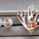 Old Unique Hand Crafted Shell Bouquet Brooch Pin and Matching Earrings Vintage Set 1950s Jewelry