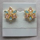 Pink & Blue Marquise Cut Stone Jeweled Flower Clip On Earrings Vintage Jewelry 1970s Pink & Blue Marquise Cut Stone Jeweled Flower Clip On Earrings Vintage Jewelry 1970s