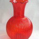 Red Ribbed Glass Ruffled Top Vase Vintage 1960s