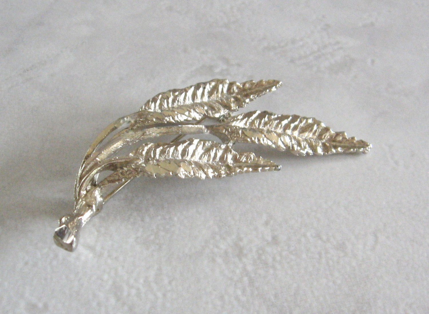 Silver Triple Leaf Diamond Cut Brooch Pin By Designer BSK Vintage Jewelry 1970s