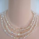 Triple Strand Aurora Borealis Crystal Glass Beaded Necklace Retro Japan 1950s Vintage Jewelry