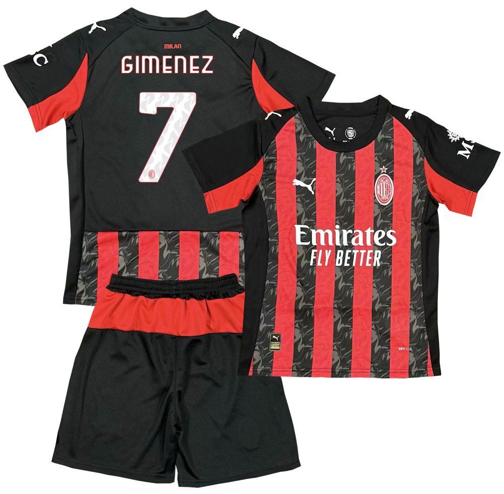 Kids GIMENEZ #7 AC Milan Home Shirt Jersey Kit 25-26 Youth Soccer Football 2025-2026