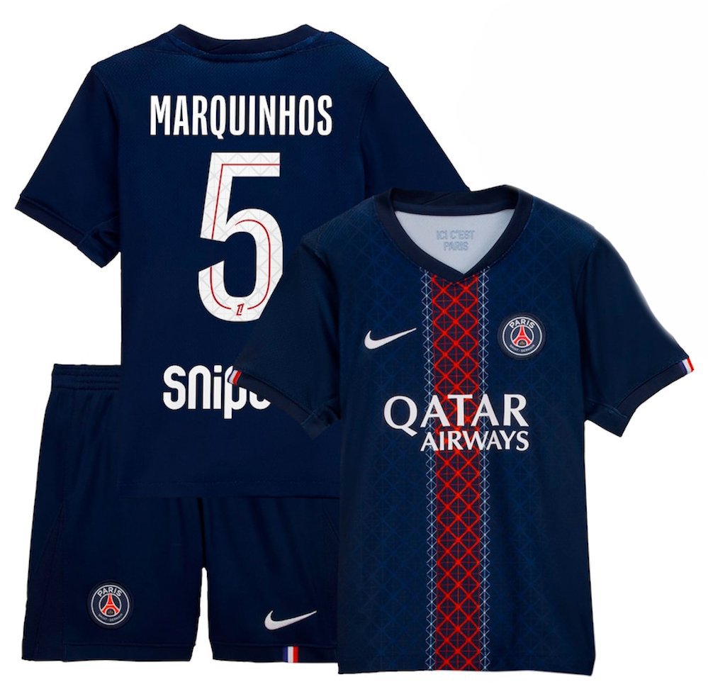 Kids MARQUINHOS #5 Paris Saint Germain Home Shirt Jersey Kit 25-26 Youth Soccer Football 2025-2026