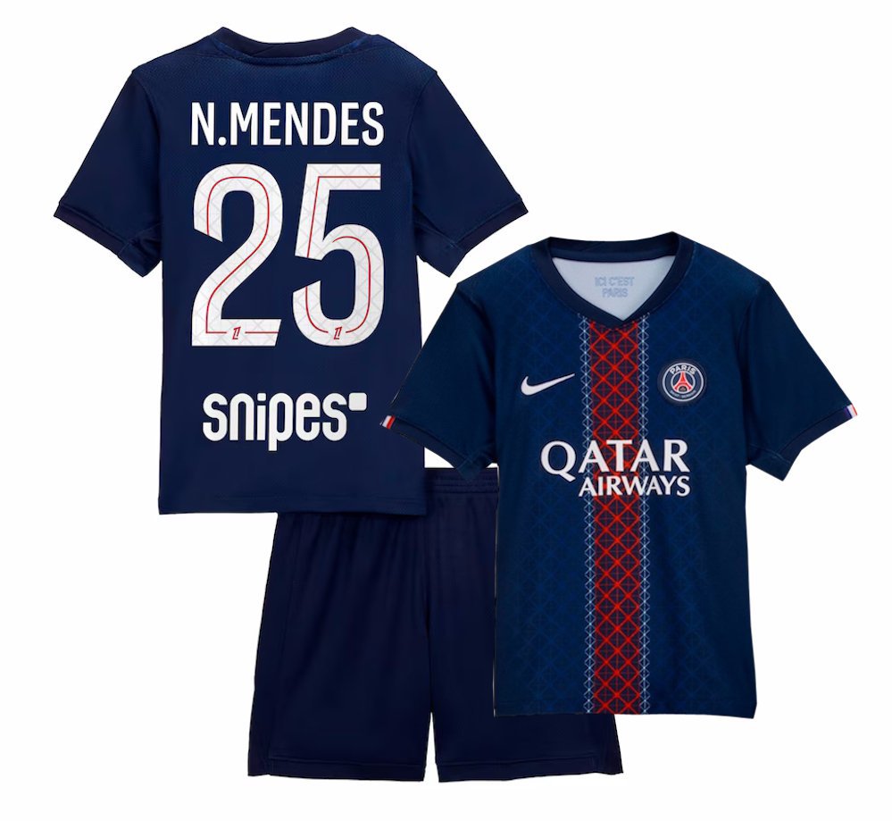 Kids N.MENDES #25 Paris Saint Germain Home Shirt Jersey Kit 25-26 Youth Soccer Football 2025-2026