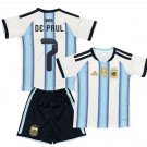 Kids DE PAUL #7 Argentina Home World Cup Jersey Kit 26-27 Youth Soccer Football 2026-2027