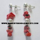 Handmade .950 Silver Earrings  with Red Coral stone (gravel)