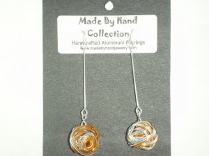 Penny Copper/Metallic Silver Long Weaved Ball Design Aluminum Earrings -FREE SHIPPING-