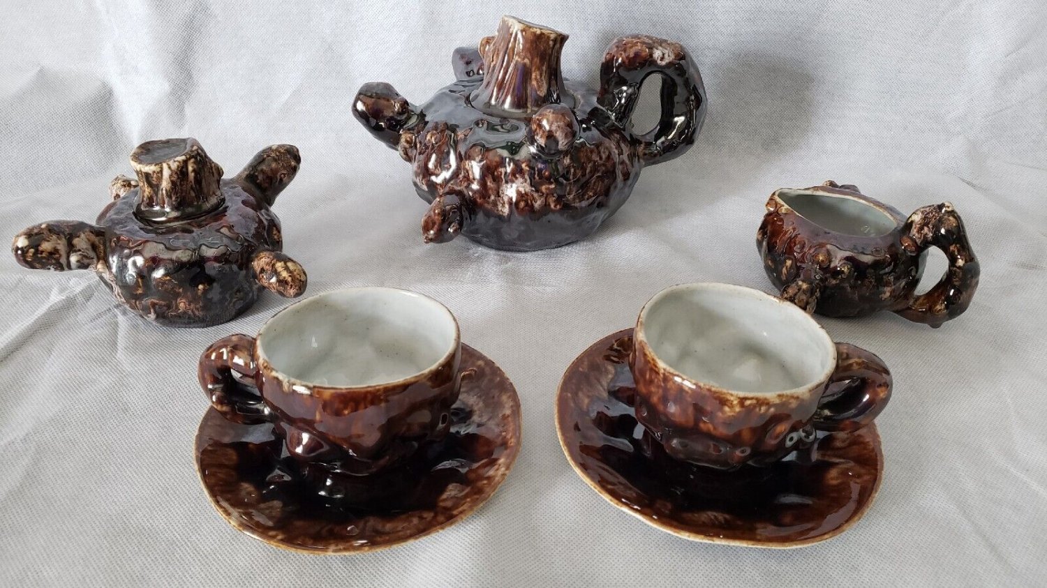 Brown-Drip Tree Stump Porcelain Vintage Tea Service Set Unique Folk Art Pottery