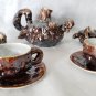 Brown-Drip Tree Stump Porcelain Vintage Tea Service Set Unique Folk Art Pottery