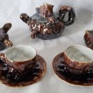 OOAK Brown-Drip Tree Stump Porcelain Vintage Tea Service Set Folk Art Pottery