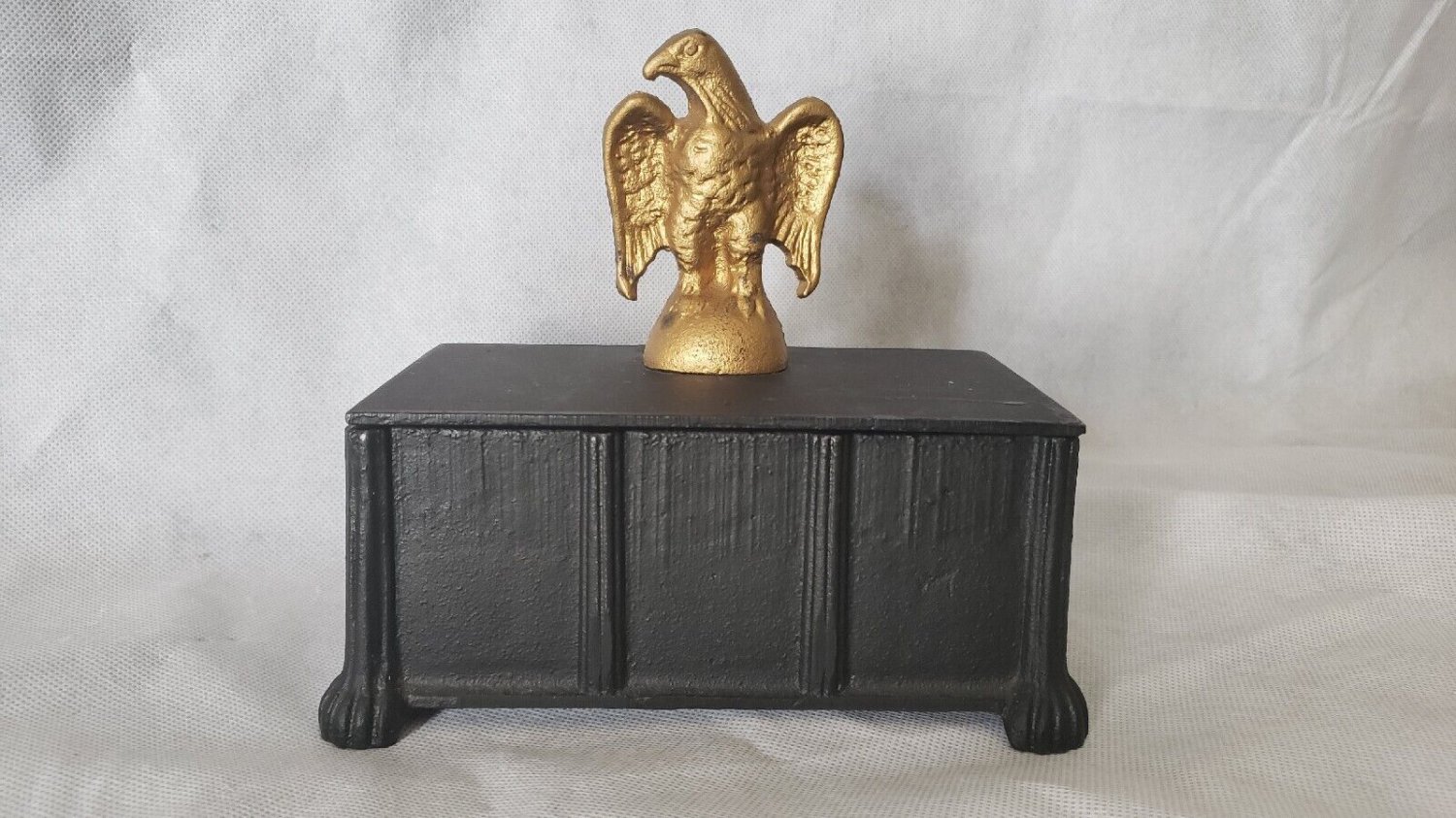 Cast Iron Art Black Tobacco Storage Box Vintage Americana Civil War Style Eagle