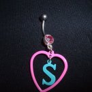 Initial "S" Dangle Belly Ring 14G Pink Gem Dangle *FREE SHIP*