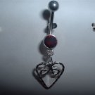 Silver Heart Dangle Belly Ring Navel Bar 14G With Ruby Swarovski Crystal *FREE SHIP*