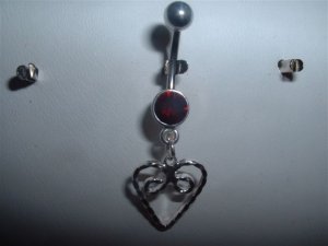 Silver Heart Dangle Belly Ring Navel Bar 14G With Ruby Swarovski Crystal *FREE SHIP*