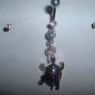 Silver Turtle Dangle Belly Ring Navel Bar 14G Swarovski Accents *FREE SHIP*