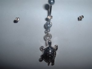 Silver Turtle Dangle Belly Ring Navel Bar 14G Swarovski Accents *FREE SHIP*
