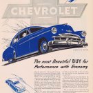 1949 Chevrolet Fleetline De Luxe 2-Door Sedan Vintage Automobile Ad with Unique Blue Ink Art