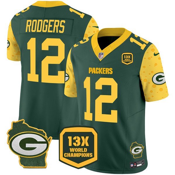 Men's Green Bay Packers Aaron Rodgers Green 2024 F.U.S.E. 13 Time World Champions Patch Jersey