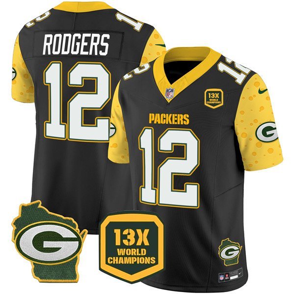 Men's Green Bay Packers Aaron Rodgers Black 2024 F.U.S.E. 13 Time World Champions Patch Jersey