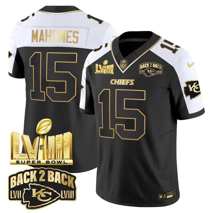 Men's Chiefs Patrick Mahomes Black Gold 2024 Super Bowl LVIII FUSE Vapor Limited Football Jersey