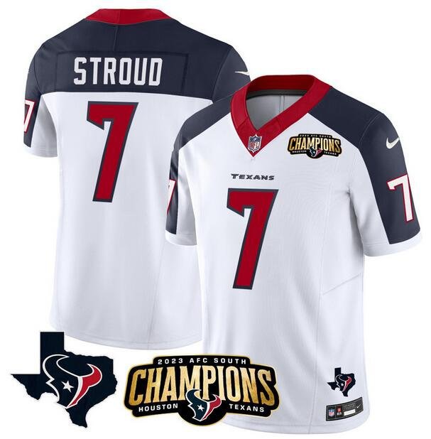 Men's Texans C.J. Stroud White Navy 2023 F.U.S.E. AFC South Champions Patch Vapor Football Jersey