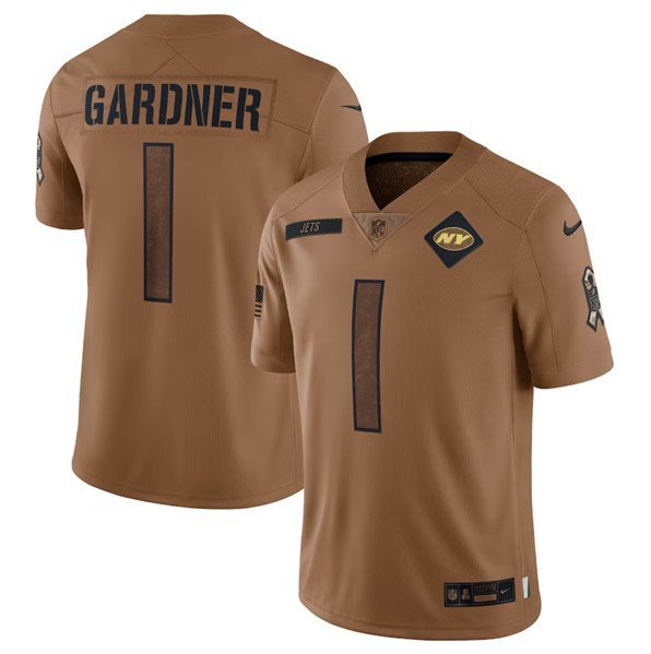 Men & Youth #1 Sauce Gardner New York Jets 2023 Salute to Service Bronw Jersey
