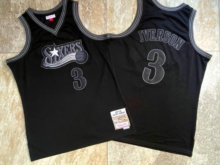 Men's 76ers Allen Iverson AU Black Jersey Throwback Fine Embroidery
