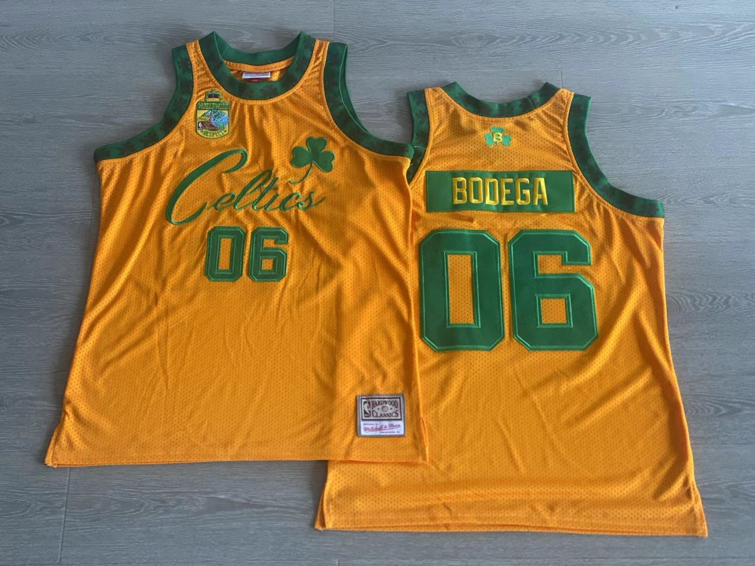 Men's Bodega x mitchell&ness Boston Celtics 06 Worldwide Respect Basketball Jersey Golden