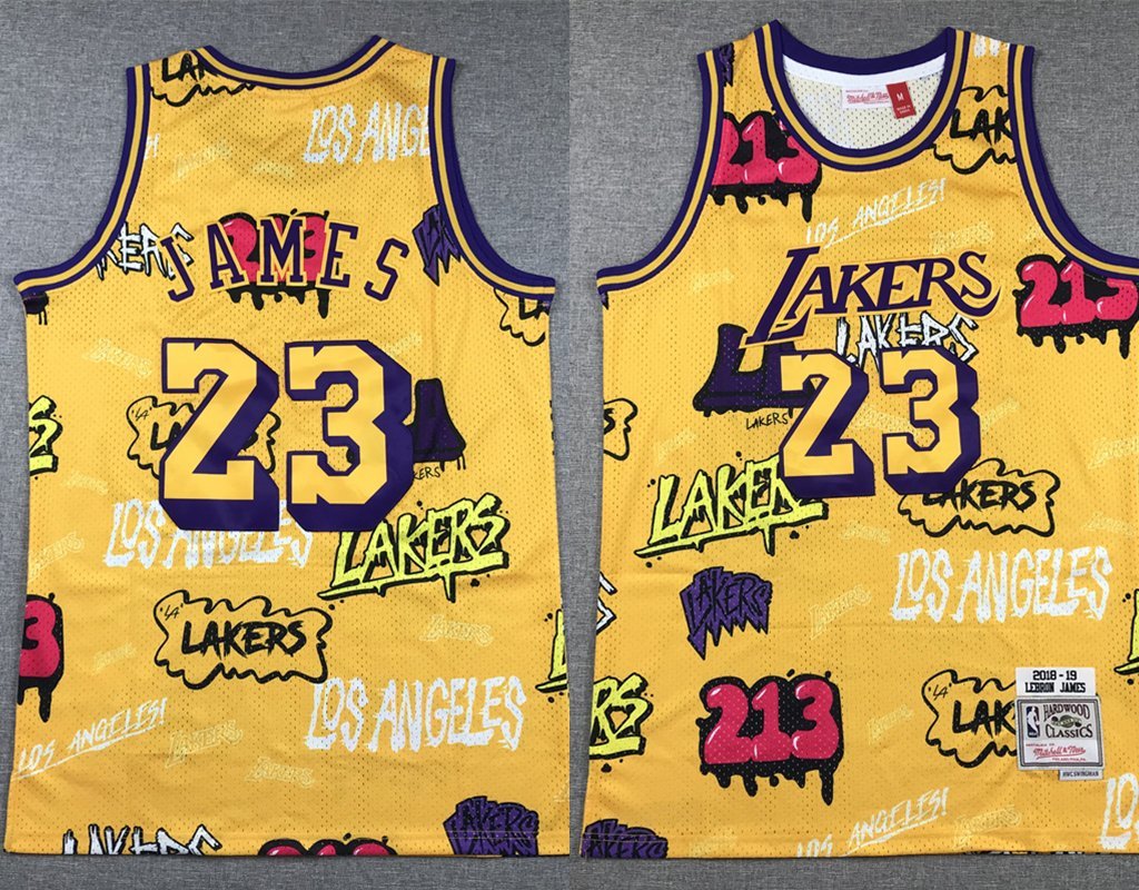 Men Lakers #23 LeBron James Graffiti Basketball Jersey Gold Scribble