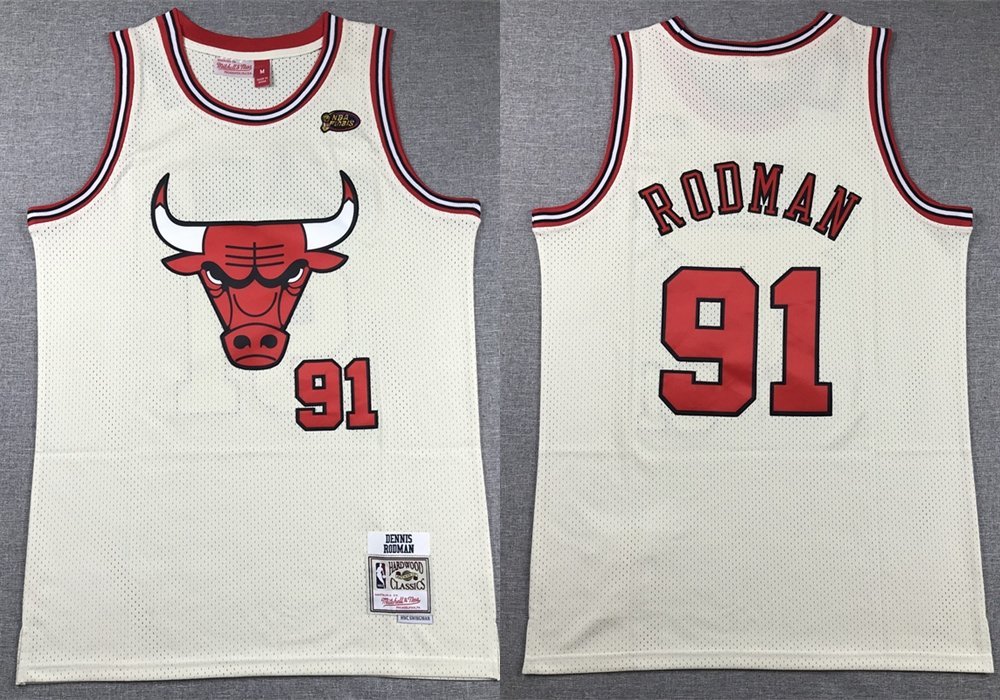 Men's Mitchell & Ness Bulls #91 Dennis Rodman Jersey Cream