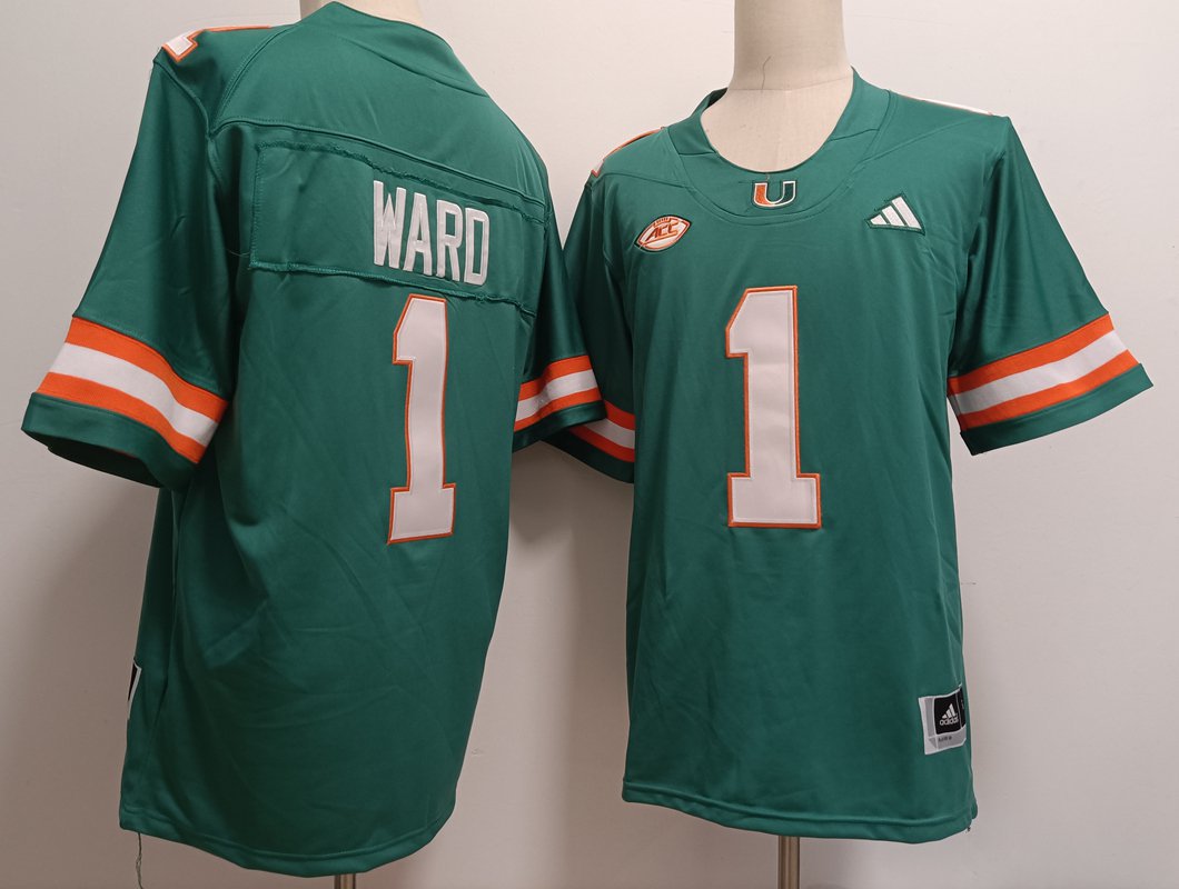 Men's Miami Hurricanes #1 Cam Ward Green Stitched Football Jersey