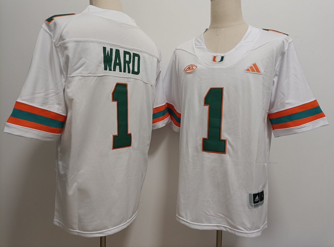 Men's Miami Hurricanes #1 Cam Ward White Stitched Football Jersey