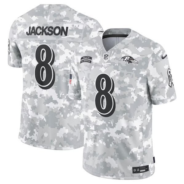 Men's Baltimore Ravens #8 Lamar Jackson Arctic Camo 2024 F.U.S.E. Salute to Service Jersey