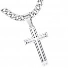 925 Sterling Silver Cross Necklace for Men Women 5mm Big Beveled Edge