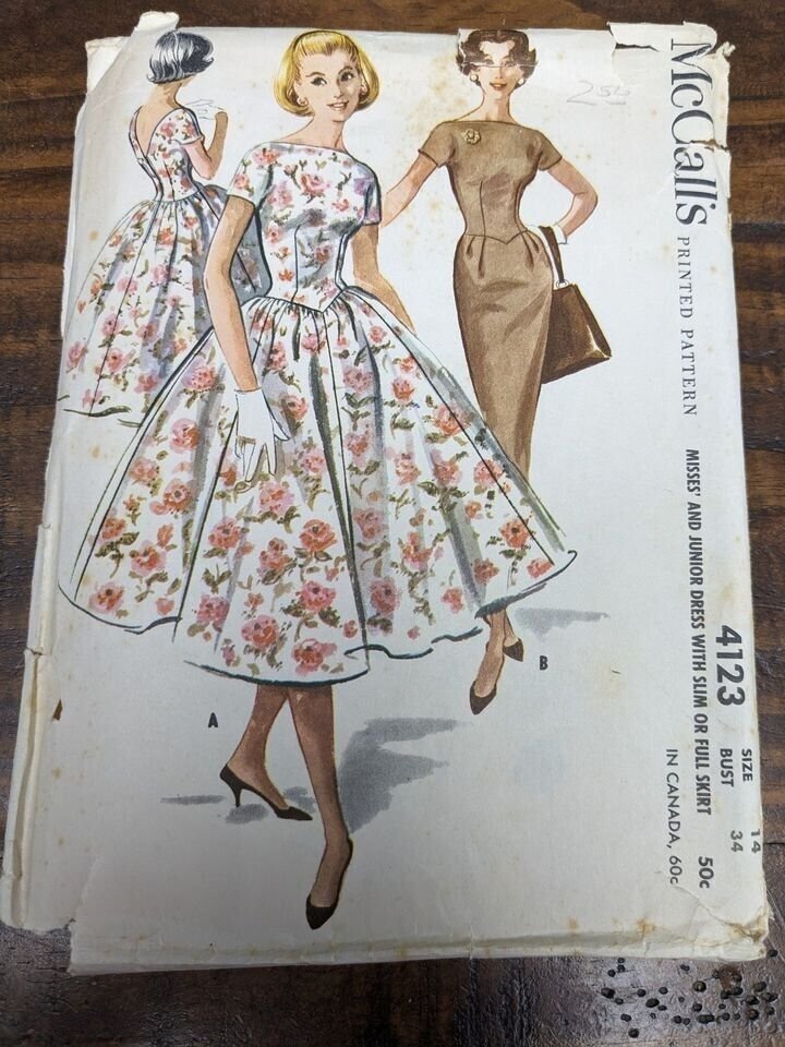 14/b34 Complete VINTAGE SEWING PATTERN MCCALLS 4123 FULL OR STRAIGHT SKIRT DRESS