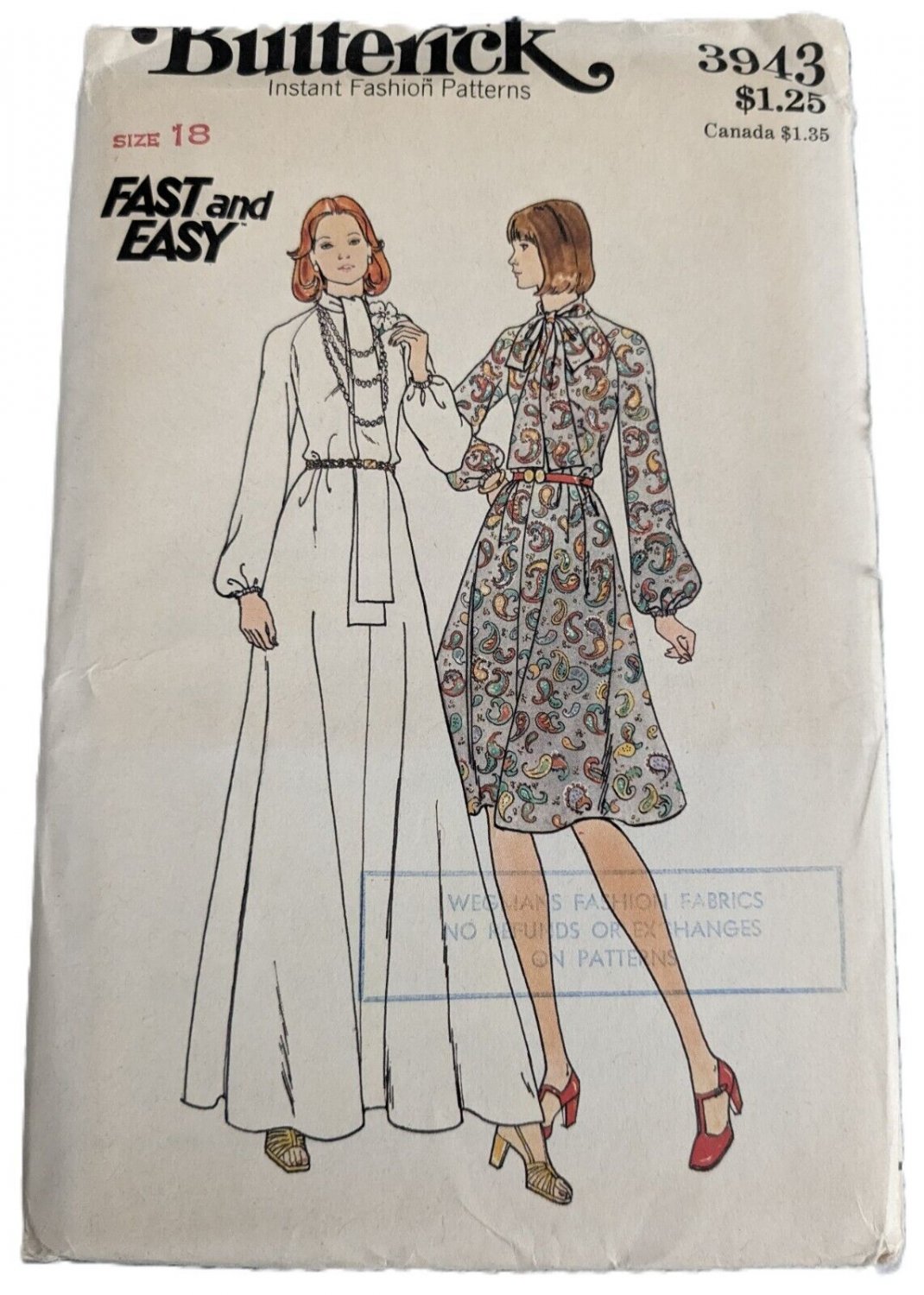18/b40 Uncut Vintage 1970s Sewing Pattern Butterick 3943 Fast easy