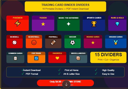 Trading Card Binder Dividers - 15 Printable Dividers PDF - Pokemon Sports YuGiOh Magic