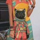 Women's Black Cat Astronaut Color Block Art Print V Neck Mini Dress